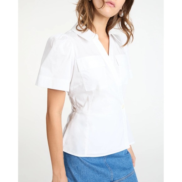 Tanya Taylor Tops - Tanya Taylor White Cotton Blend Short Puff Sleeve Wrap Blouse Sandra Top Size 14